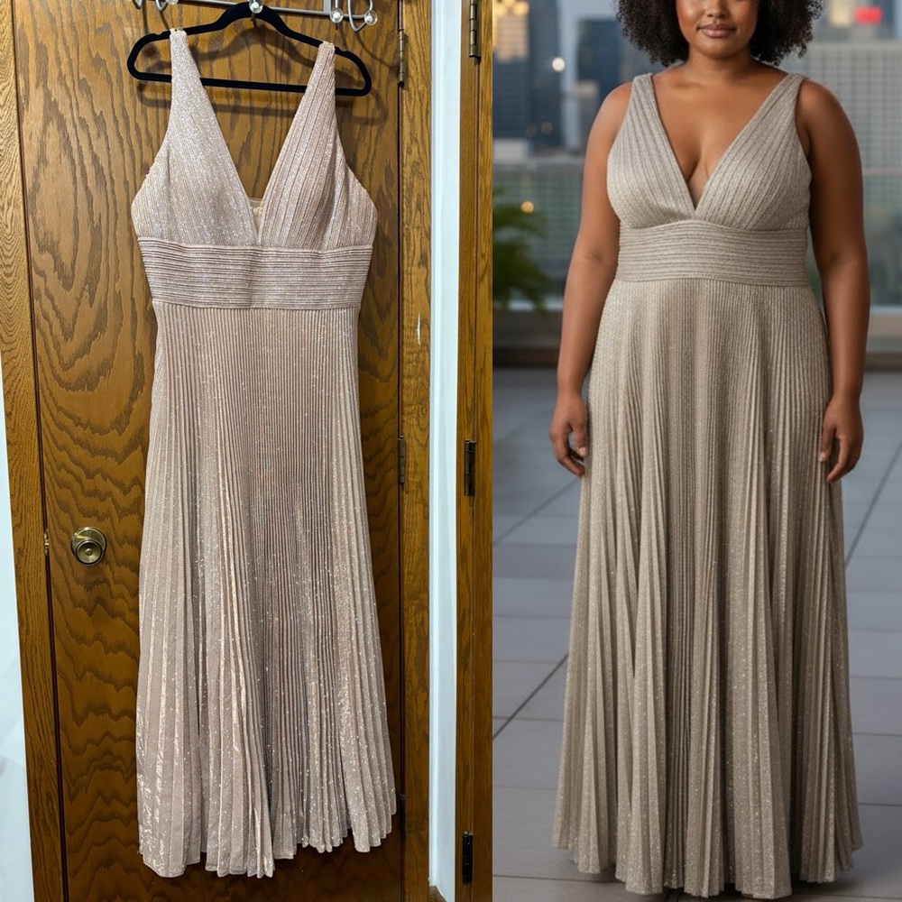 Jovani Pleated Evening Gown Spaghetti Straps 2088 Champagne Rose Gold size 20